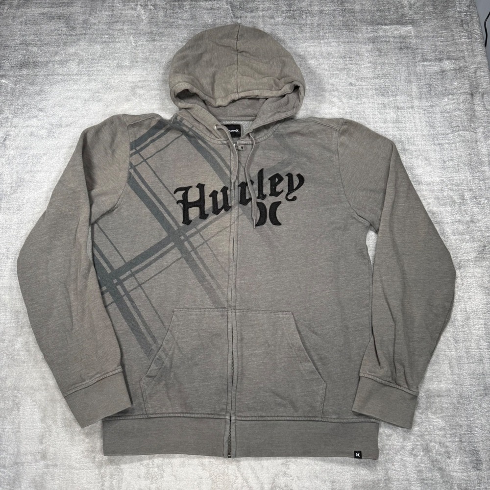 Hurley Sweatshirt Mens Large Grey Full Zip Hoodie Plaid Faded Spell Out Y2K Surf
